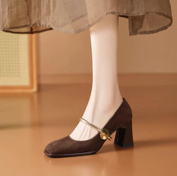 Fashion Square head frosted Mary Jane shoes for women 2025 new retro coarse single order shoes versatile leather buckle with high heels