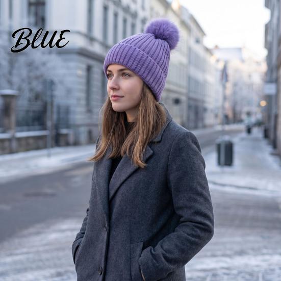 Cozy Fleece Lined Thick Cuffed with Fluffy Knitted Hat Style Winter Fur Ball Warm Cap