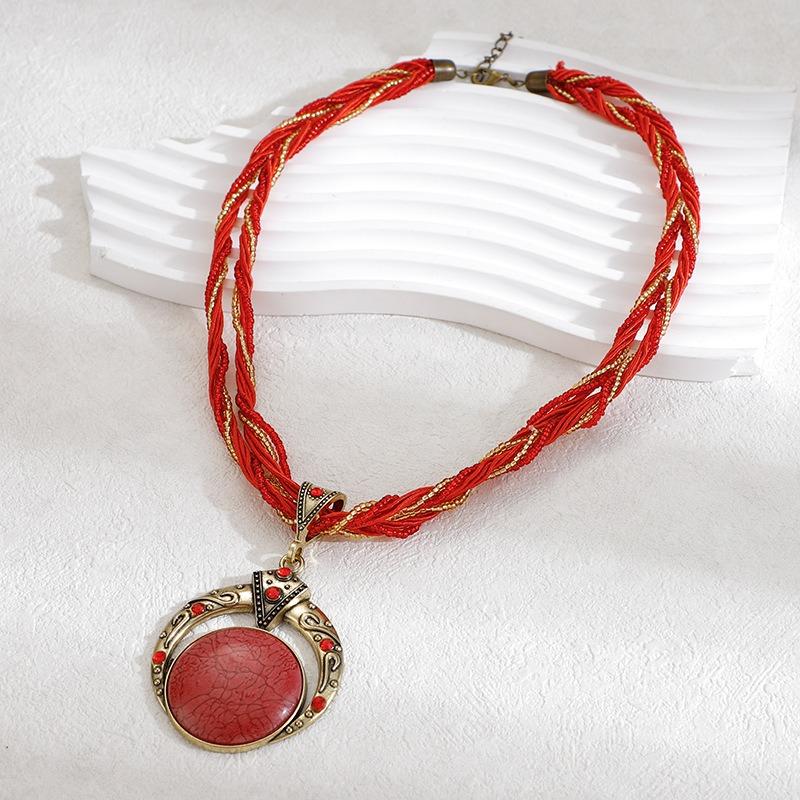 El Yapımı Dokuma Pirinç Boncuk Kolye Bohem Vintage Yuvarlak Değerli Taş Kolye Rahat Unisex Boyun Aksesuarları
