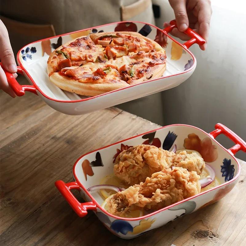 Ceramic Double-ear Baking Pan Cheese Baked Rice Plate Creative Dish Plate Home Oven Special Internet Celebrity Tableware Baking