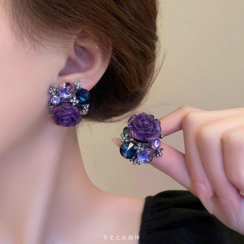 "Charm Purple Flower Dew" Purple Flower Earrings Women's Premium Sense Japanese and Korean Beautiful Stud Earrings Charm Unique Sexy Earrings