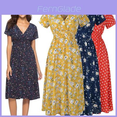 V Neck Women Boho Floral Midi Dress Short Sleeve Summer Beach Casual Sundress