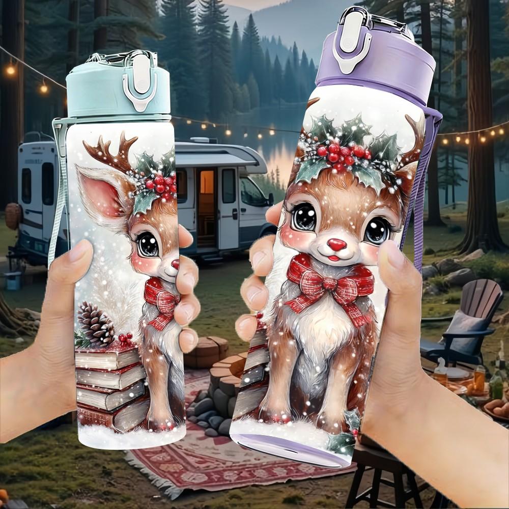 1PC Christmas Deer Snow Winter Animal Art 750ml Color Plastic Sports Water Bottle Leakproof Flip Straw Lid Suitable for Sports Office Home Use