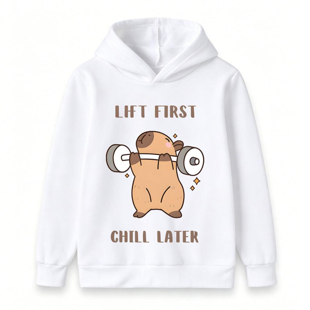 Kids Boys Girls Hooded Pullover Sweatshirt, Cute Capybara Lift First Chill Later Graphic Casual Soft Long Sleeve Hoodie For Daily Workout Playwear