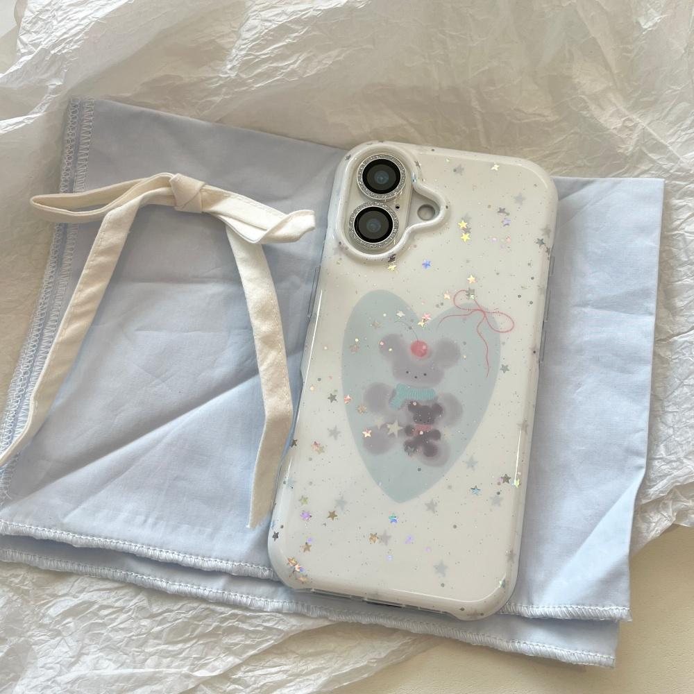 Korean wind ins little fresh stars cute blue love bear apple 13 atmosphere mobile phone case 16pro new iphone17promax with chain 15 double 14p