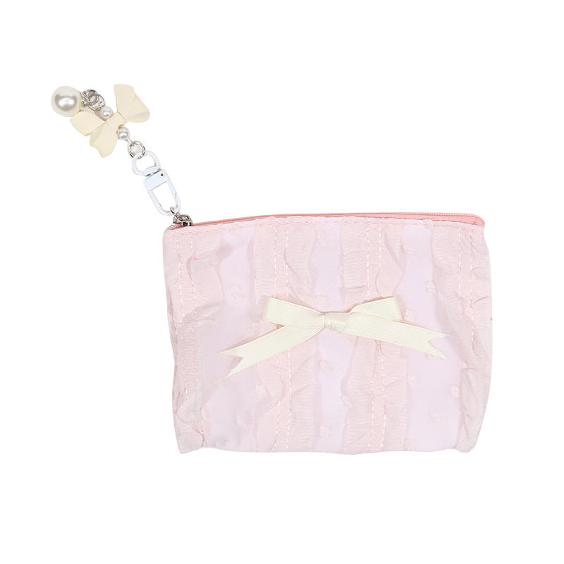 1Pc Cute Women Makeup Mini Bag Korean Lace Bow Portable Coin Purse Small Handbag Kawaii Female Cosmetic Storage Pouch