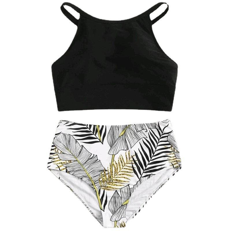 New split swimsuit women's solid color vest-style bra high waist printed briefs hip-wrapped swimsuit
