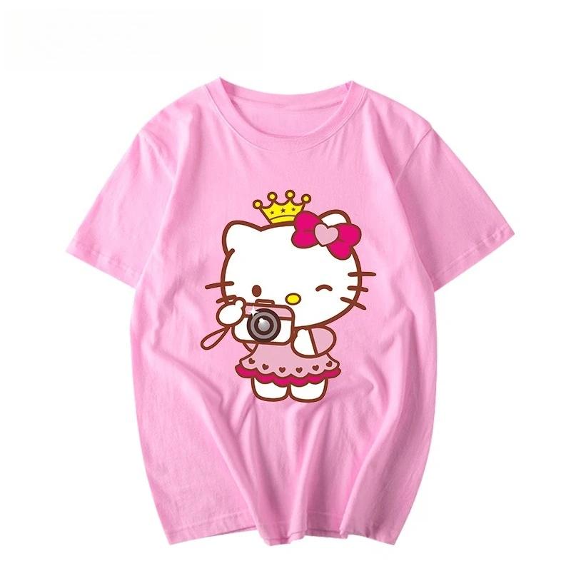 

Cotton Breathable Childrens Tshirt Cute and Cool Hello Kitty Printed Parent Child Wear Unisexs and Womens Short Sleeves S