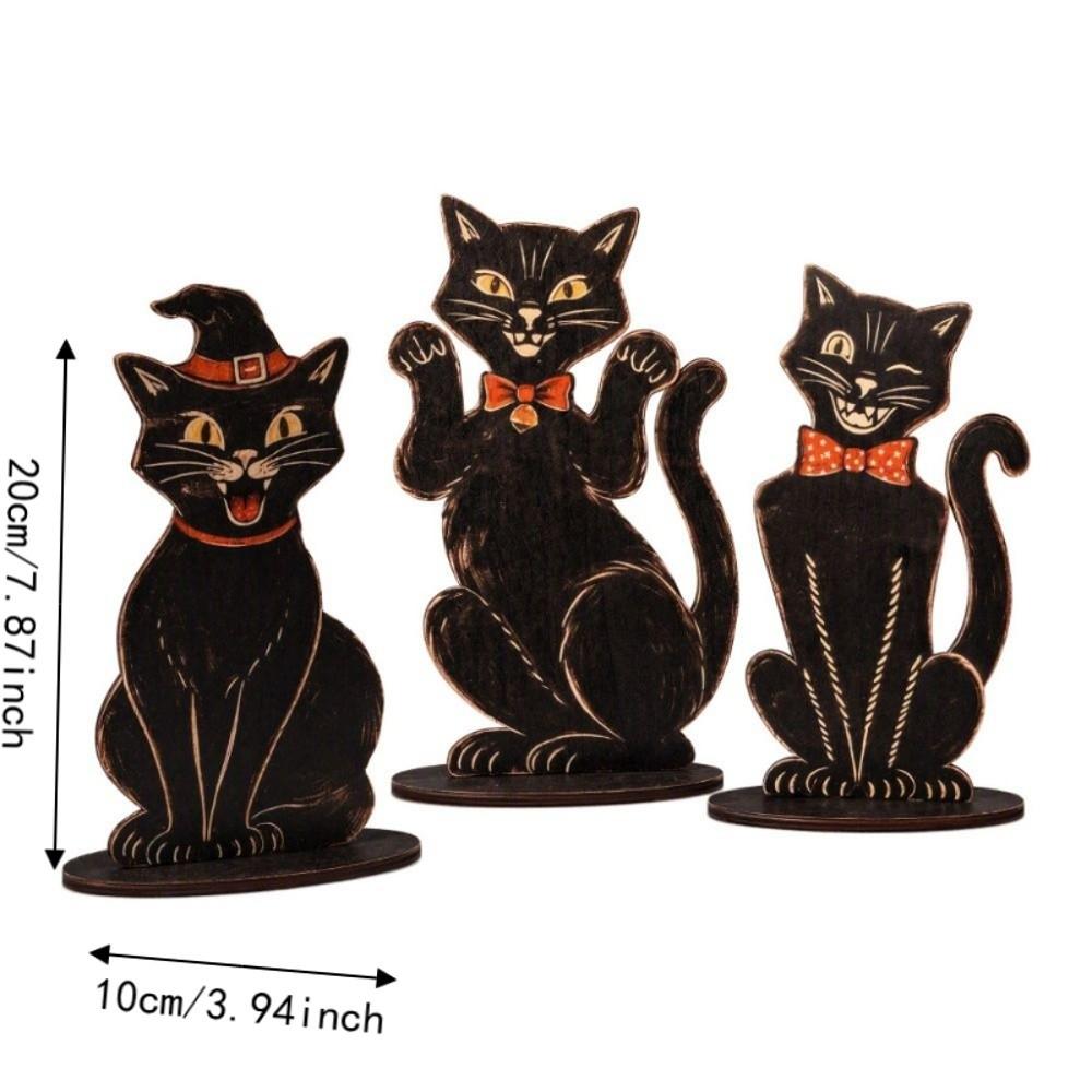 3 Pcs Wooden Halloween Decorations Vintage Cat Decorative Plaques Sitting Cat Statue Study Room