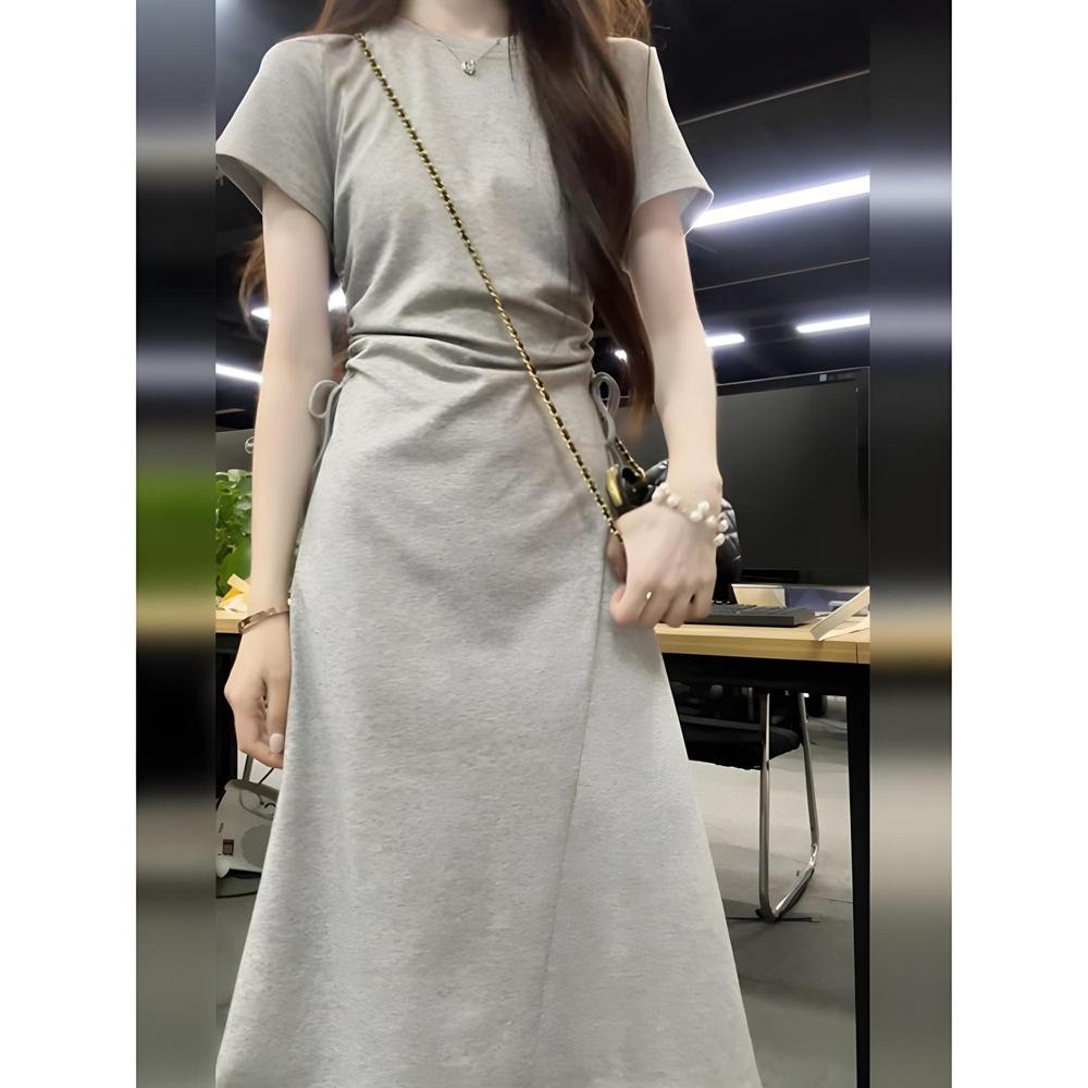 Grey dress for women's summer shows high wear with waist medium and long dress