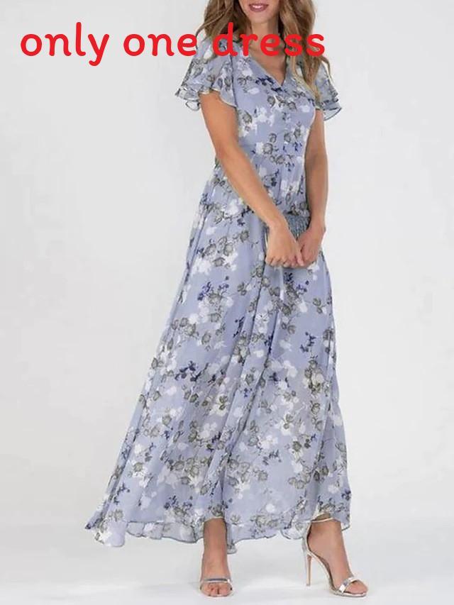 Summer Floral Chiffon Maxi Dress With Ruffle Vneck For Casual Wear