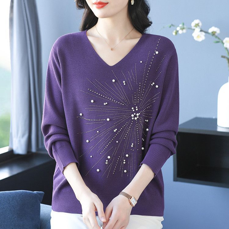Autumn and Winter Women's V-Neck Sweater Solid Color Loose Beaded Sweater Plus Size Knitted Pullover Top