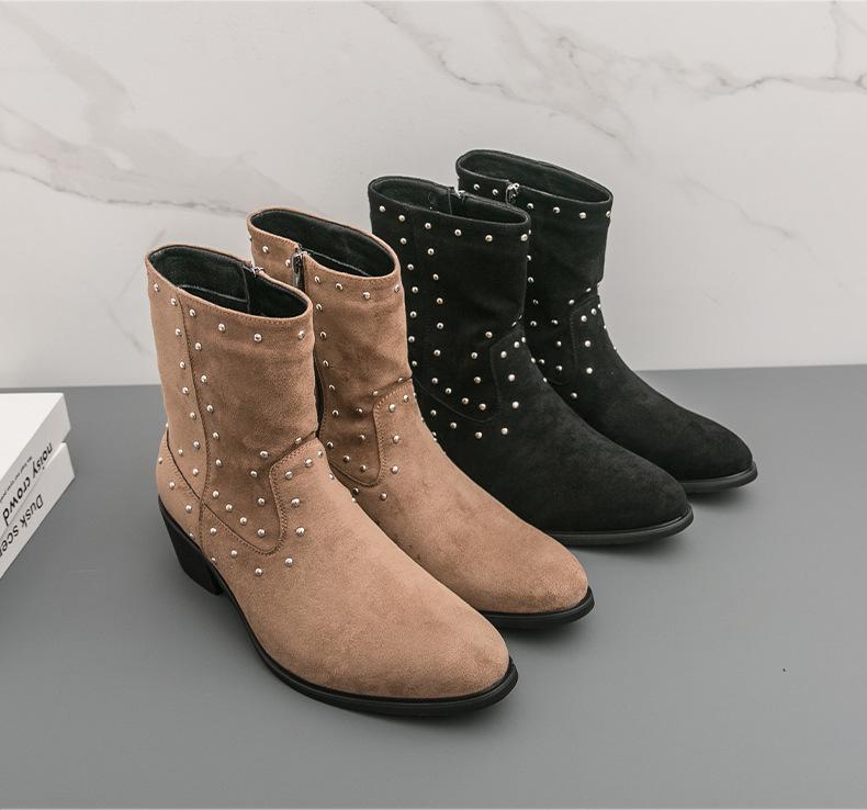 Men's Large Suede Leather Rivet Pointed Toe Ankle Boots - Medium Heel Fashion Knight Boots