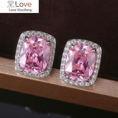 Romantic Pink Zirconia Crystal Women Stud Earrings Square Shape Delicate Engagement Wedding Party Jewelry Birthday Gifts