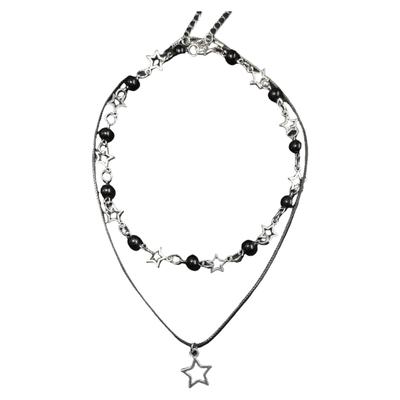 Double Layered Neckchain Black Bead Star Charm Necklace Adjustable PU Leather Rope Choker Accessory for Women and Girls