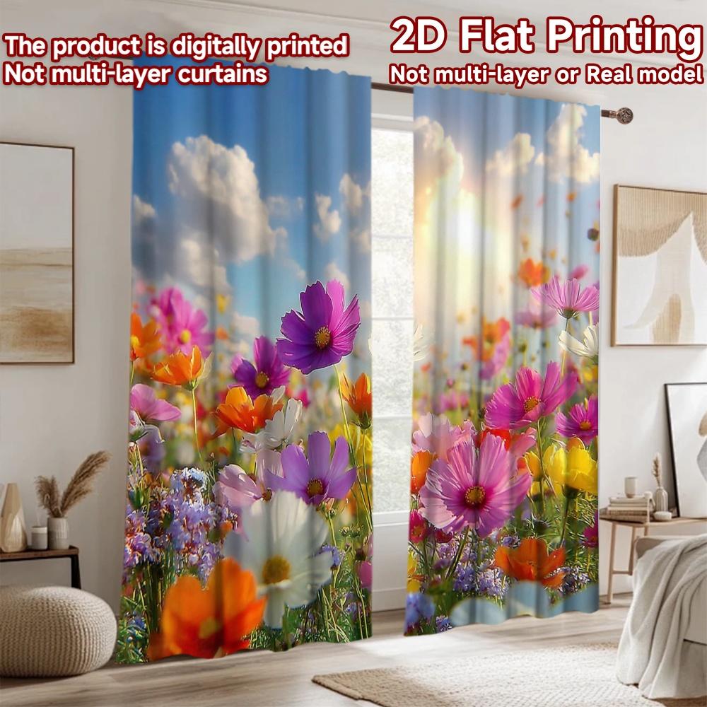 2D Flat Printing 2pcs Curtains Cosmos Flowers Field Sunny Day Digital Printed Polyester Drapes Family Party Decoration for
