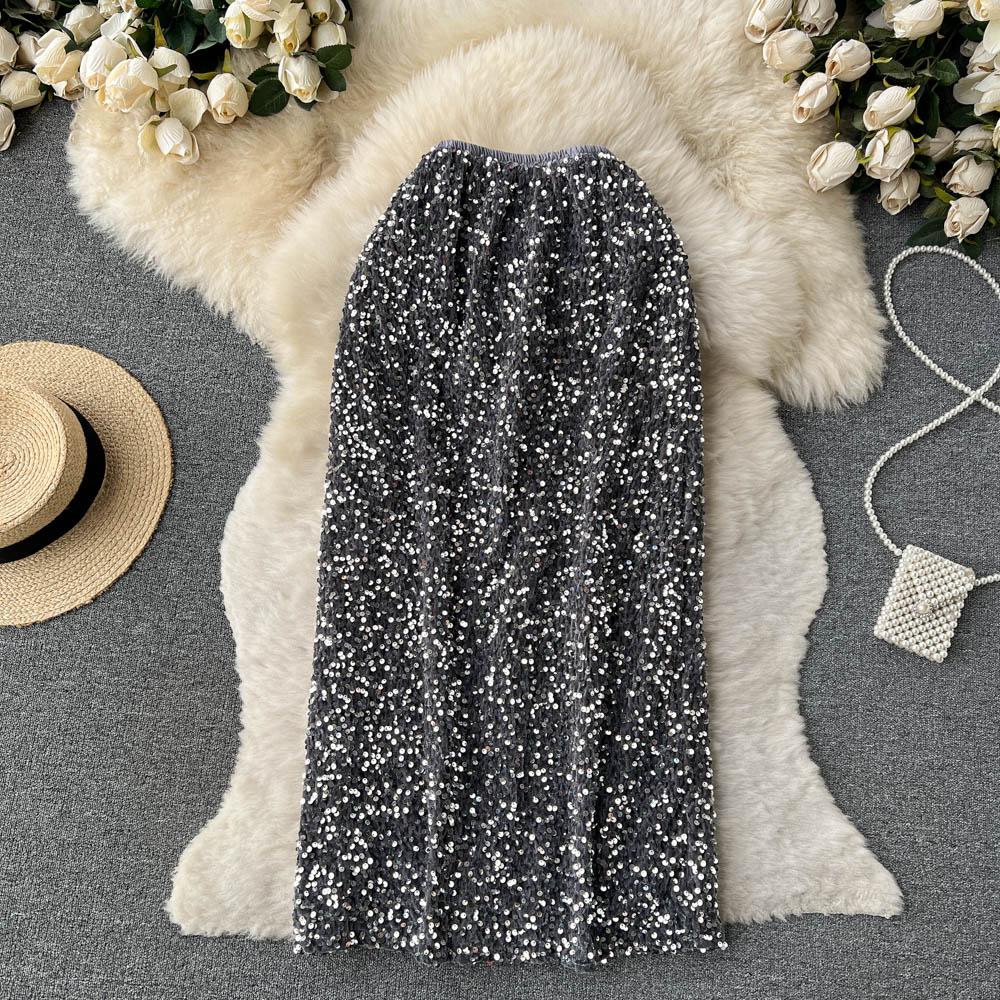 Špičkový Niche Design Flitry Sukně s vysokým pasem Dámské Podzimní Francouzské Retro Mididélka Obepínající boky Šaty