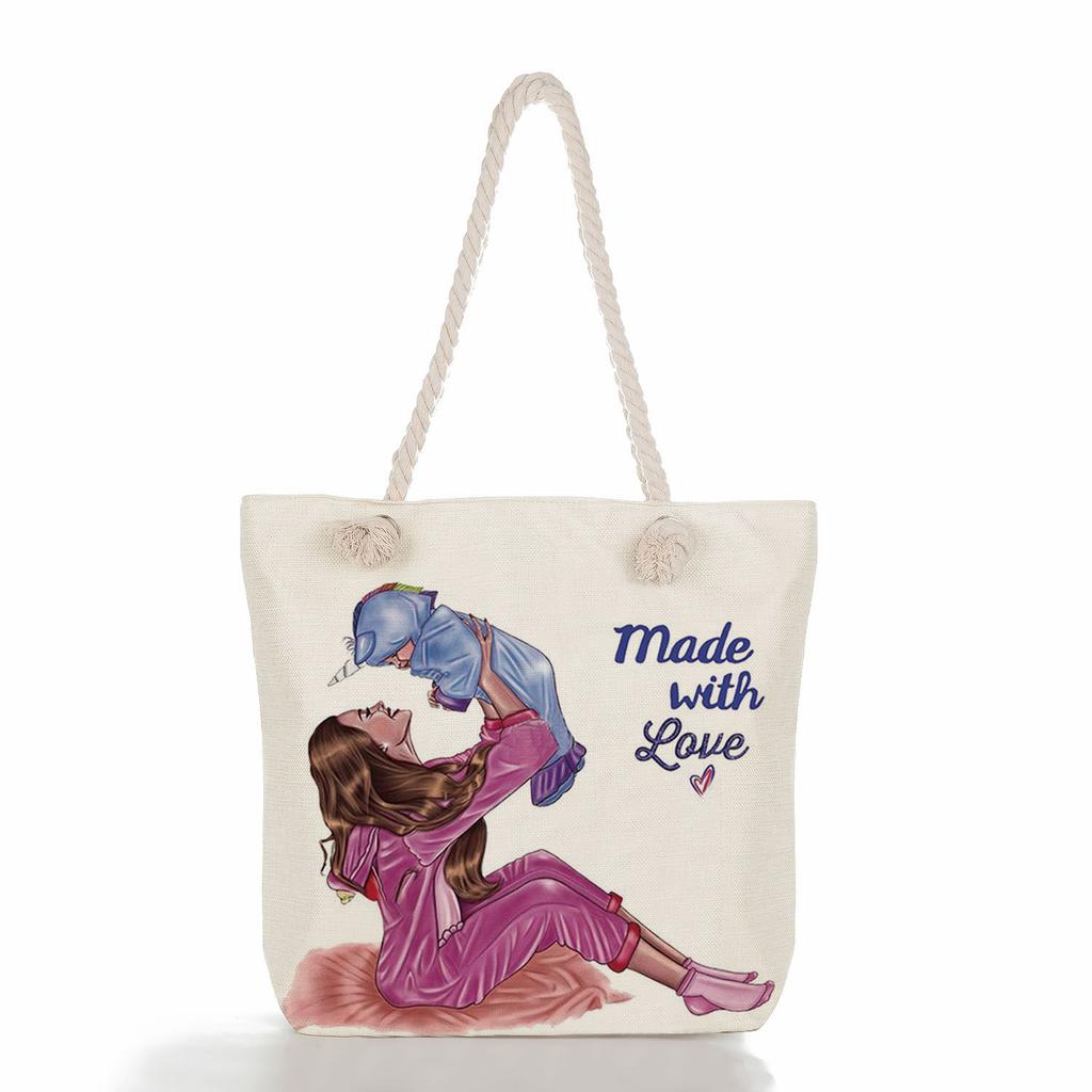 Multifunctional Mom Series Printed Thick Rope Shoulder Beach Bag Casual Large Capacity Handbag 7617