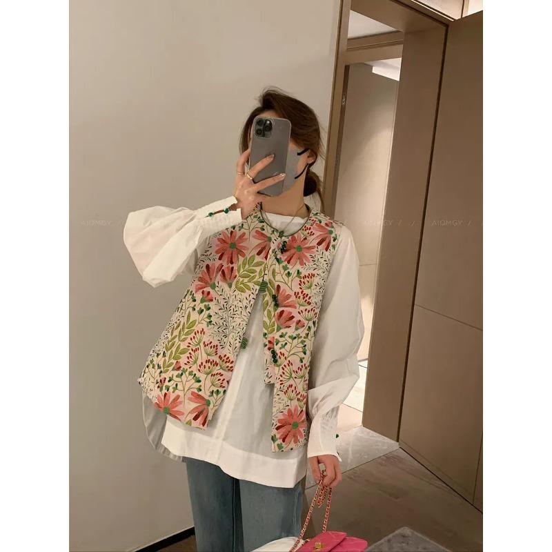 Women's Floral Print Quilted Sleeveless Round Neck Button Front Vest Boho Style Summer Waistcoat