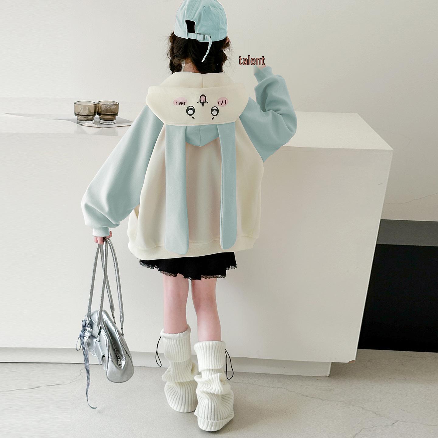 

Модный кардиган с капюшоном с кроличьими ушками для девочек 2025 - Осенняя толстовка для детей 170 cm синий