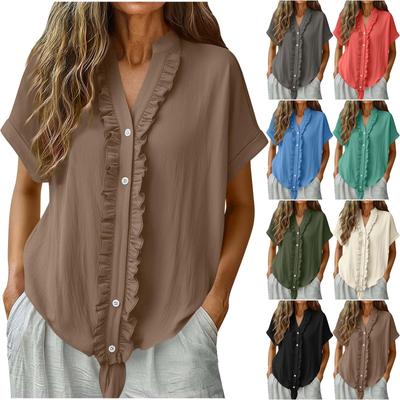 Solid Color Cotton and Linen Casual Fungus Edge Short-sleeved Button-up Shirt for Women