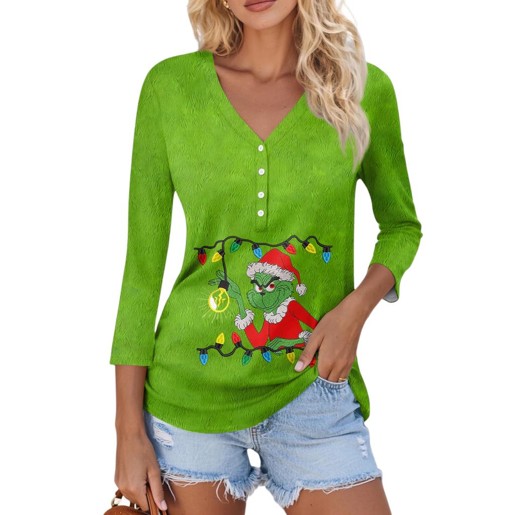 Women's Casual Fashion Sexy Comfortable Christmas Print V-Neck Button Three-quarter Sleeve Top