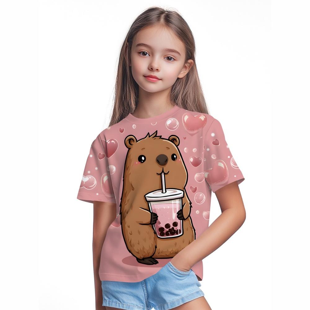 Children's Clothing  Capibala Print Comfortable O-Neck T-Shirt Outdoor Fashion Short Sleeve Children Clothes Girl Tops