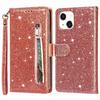 For iPhone 15 Glittery Zipper Pocket Leather Case Wallet Stand Anti-drop Phone Cover