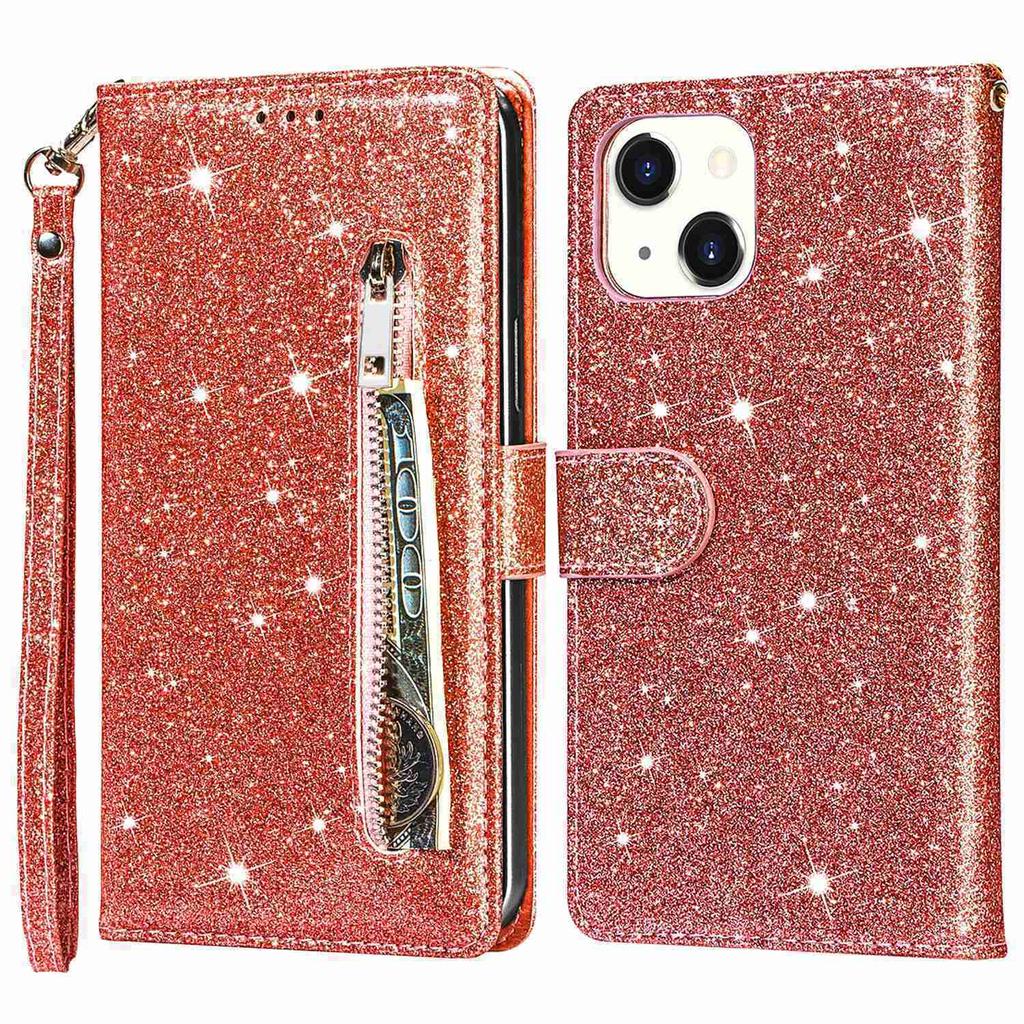 For iPhone 15 Glittery Zipper Pocket Leather Case Wallet Stand Anti-drop Phone Cover