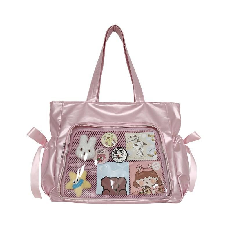 Y2K Cute Bow Ita Bag Women Transparent Shoulder Bag Nylon Pleated Korean Style Fashion Tote Bag Large Capacity Female Handbag