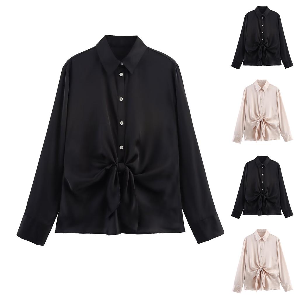 Ladies' Loose, Comfortable, Casual, Fashionable Knot Silk Texture Long Sleeved Shirt