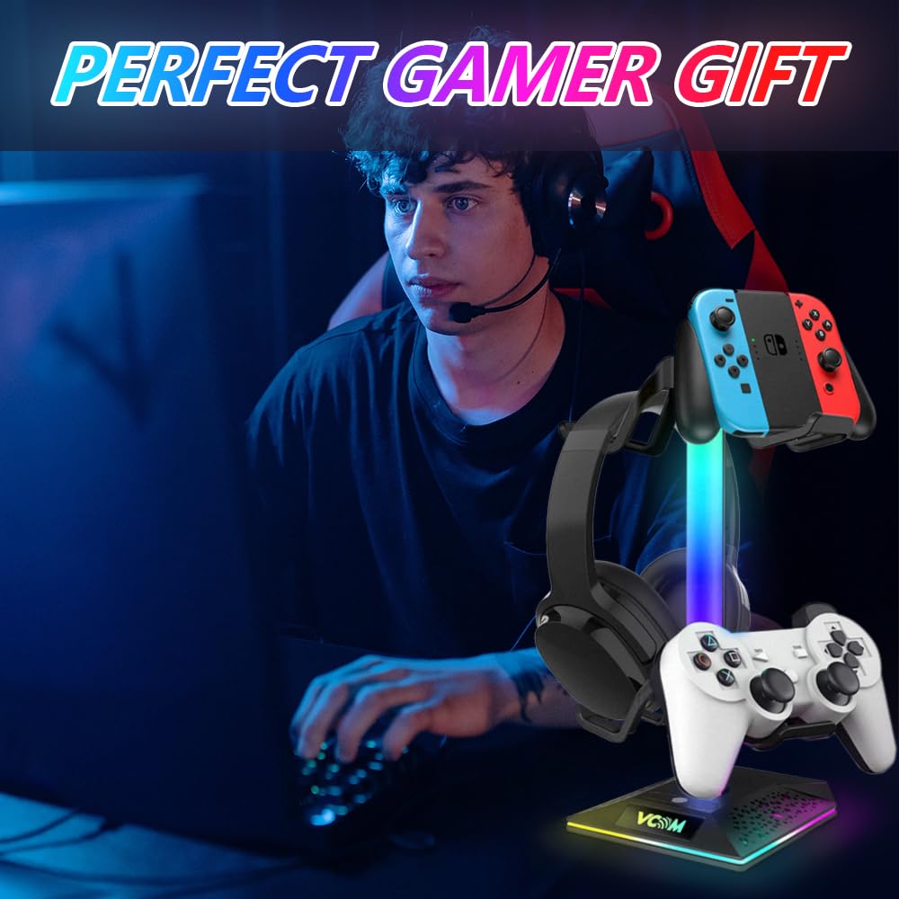 VCOM Gaming Accessories Desk Storage Controller Stand with 7-Color RGB Lighting, Multi-Function Headphone Stand, USB Charging and Data Support,