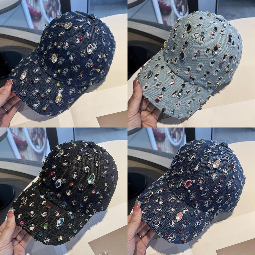 Womens Adjustable Denim Cap With Sparkling Rhinestones And Sunshade For Casual Wear