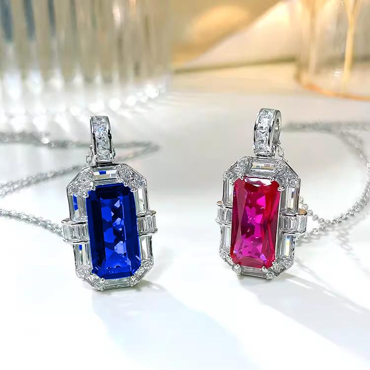 Luxury Women Jewelry Set with Red Corundum Pendant Blue Spinel Ring Earrings High Carbon Diamonds