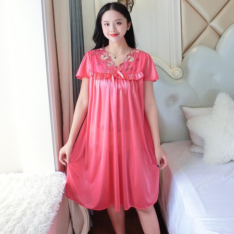 Plus Size Ice Silk Lace Nightgown - Women's Short Sleeve Summer Lingerie with Swing Skirt