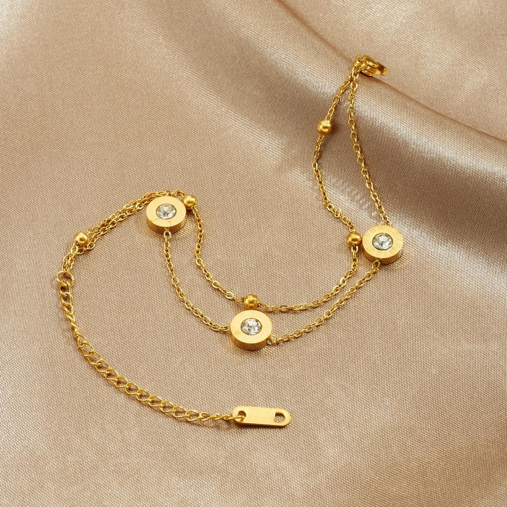 Gold Plated Layered Cubic Zirconia Bracelet Dainty Round Charm Chain Jewelry