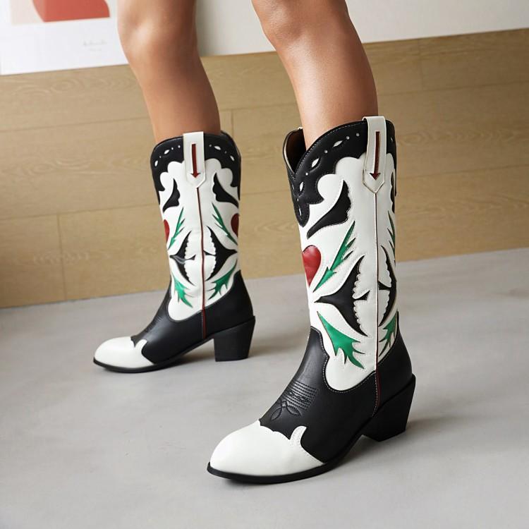 women's leather boots embroidered medium boots low heel color matching boots