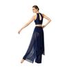 Traje de Danza Lírica para Mujer con Pedrería, Top sin Mangas tipo Camiseta sin Mangas, Pantalones de Malla con Superposición Irregular, Ropa de Baile