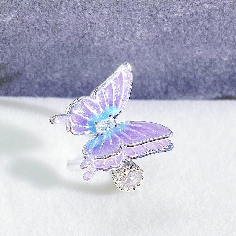 Sweet And Cool Purple Gradual Change Color Enamel Dripping Oil Butterfly Zir*****Pening Ring Premium Light Luxury Niche Personality Ring Woman