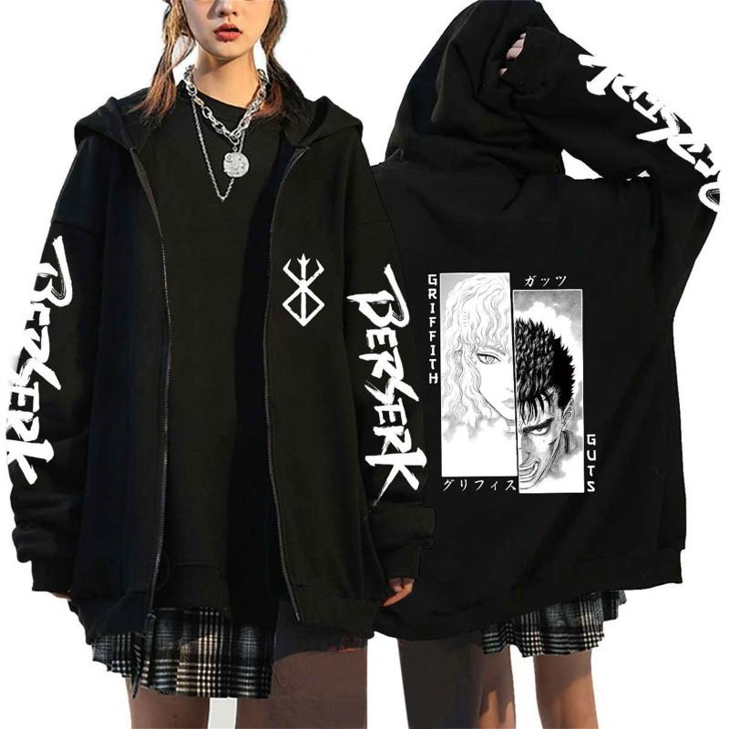 Womens Berserk Anime Print Zip-Up Hoodie Casual Loose Sweatshirt
