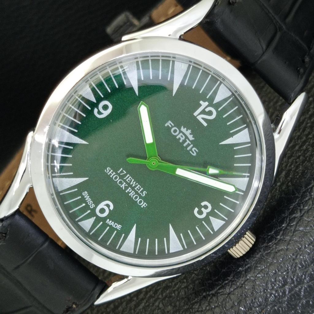 HAND-WINDING SWISS MENS VINTAGE REFURBISHED GREEN COLOR DIAL WATCH a700991-5 R205a-a700991