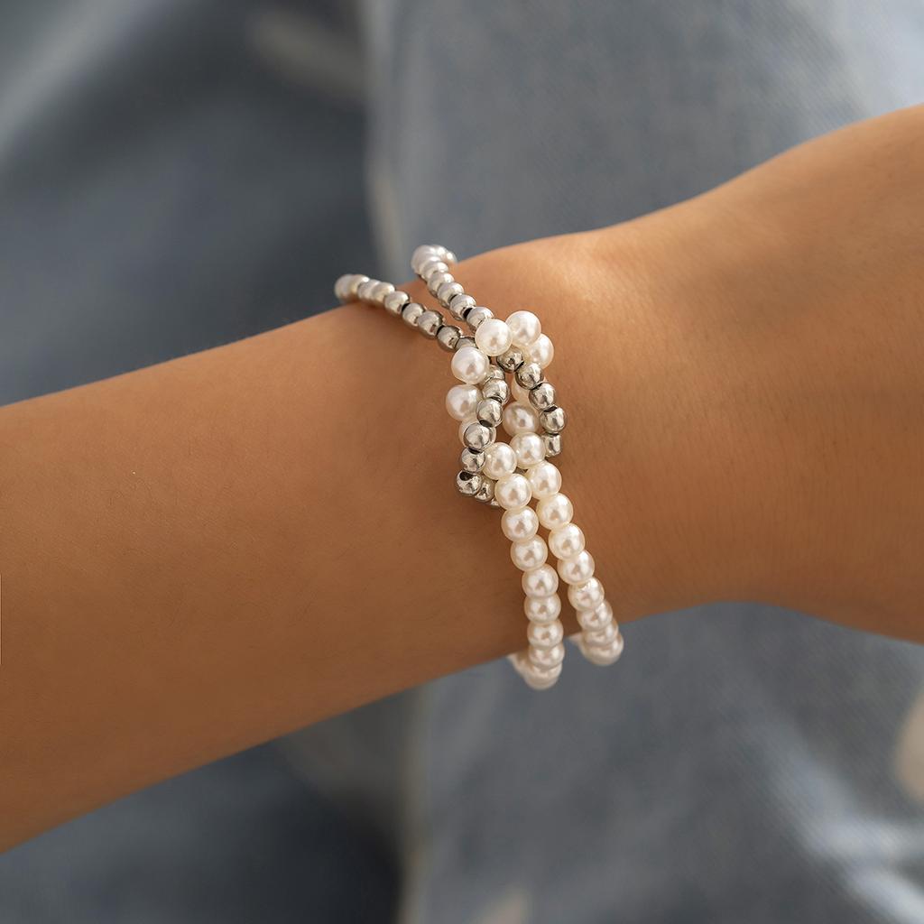 ins simple bow beaded bracelet set, versatile stacked pearl exaggerated multi-layer hand jewelry