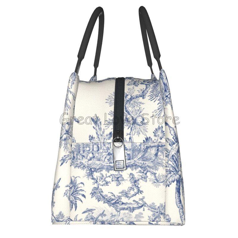 French Toile De Jouy Thermal Lunch Bag Unisex Portable Insulated Cooler Bento Tote Bag for Picnic Work Reusable Packed Lunch Box