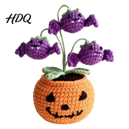 Halloween Knitted Ghost Ornament Handmade Crochet Pumpkin Pumpkin with Cute Bat Festive Home Accents for Flowers Planter Plant Tabletop Decoration