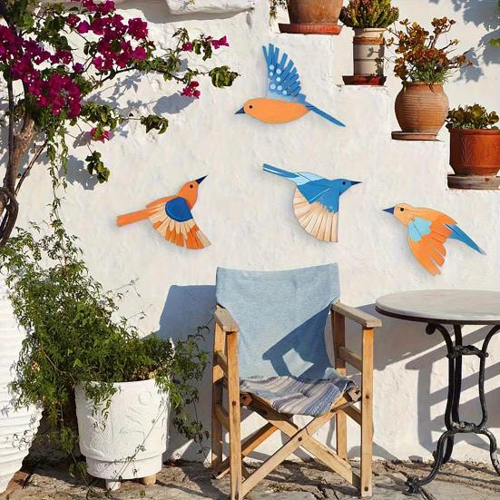 4Pcs Wooden Bird Wall Decoration Three-Dimensional Flying Birds Wall Art DIY Waterproof Wall Stickers for Indoor Outdoor Rustic Home