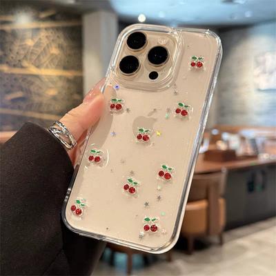 Glitter Star Sequins Glue Small Cherry for IPhone16promax Mobile Phone Case for Apple 17 Transparent 14 Women
