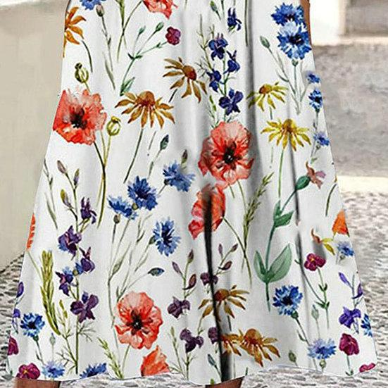 Rochie de femei cu imprimeu floral Gâtul O Mâneci scurte Buzunare în formă de A Tivul liber Lungime la jumătatea gambei Moale