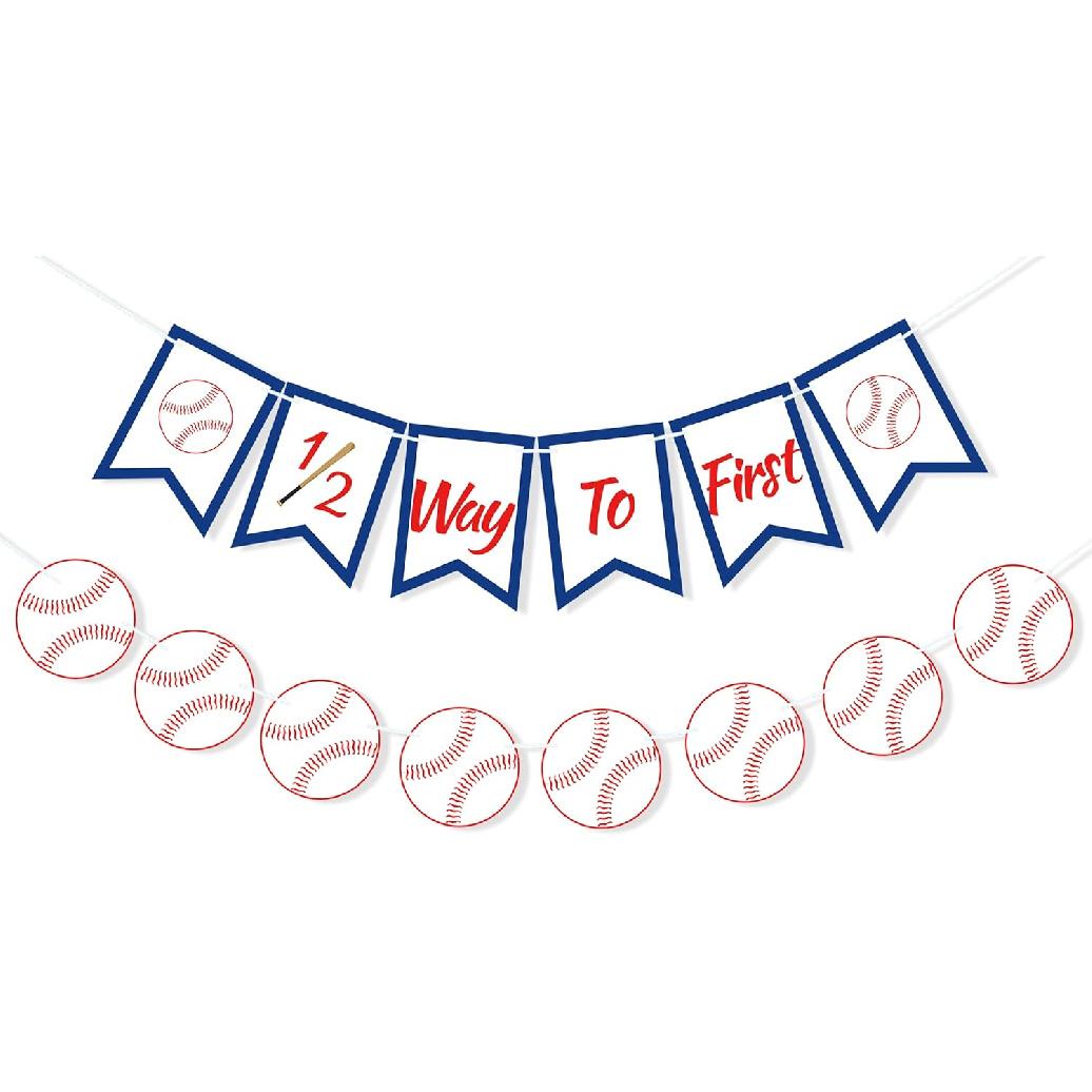 Baseball 1/2 Way to First Banner Half Birthday Party Decorations for Boys Girls, Garland Baseball Happy Birthday Banner for High Chair Decorations 6