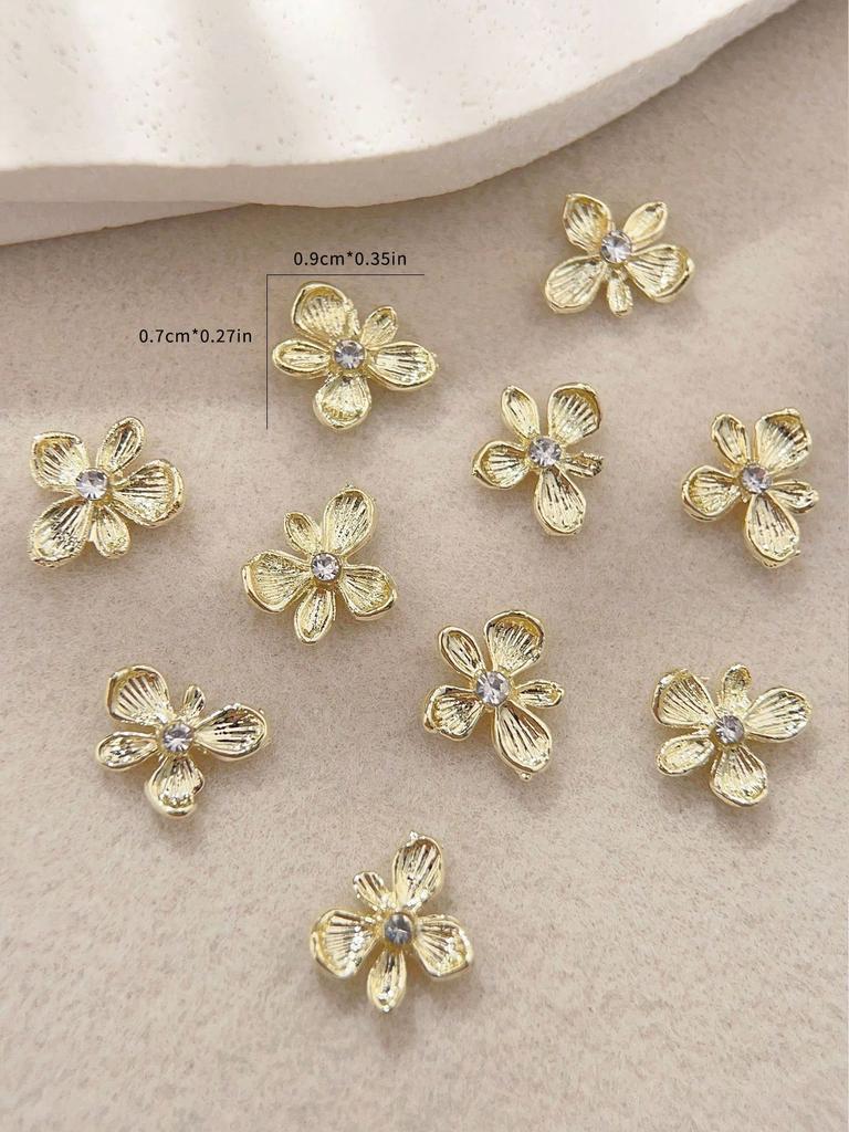 10pcs Flowers Nail Drills Rhinestones & Alloy Five-petal Flower Nail Art Decorations DIY Nail Charms Nail Gems Nail Supplies