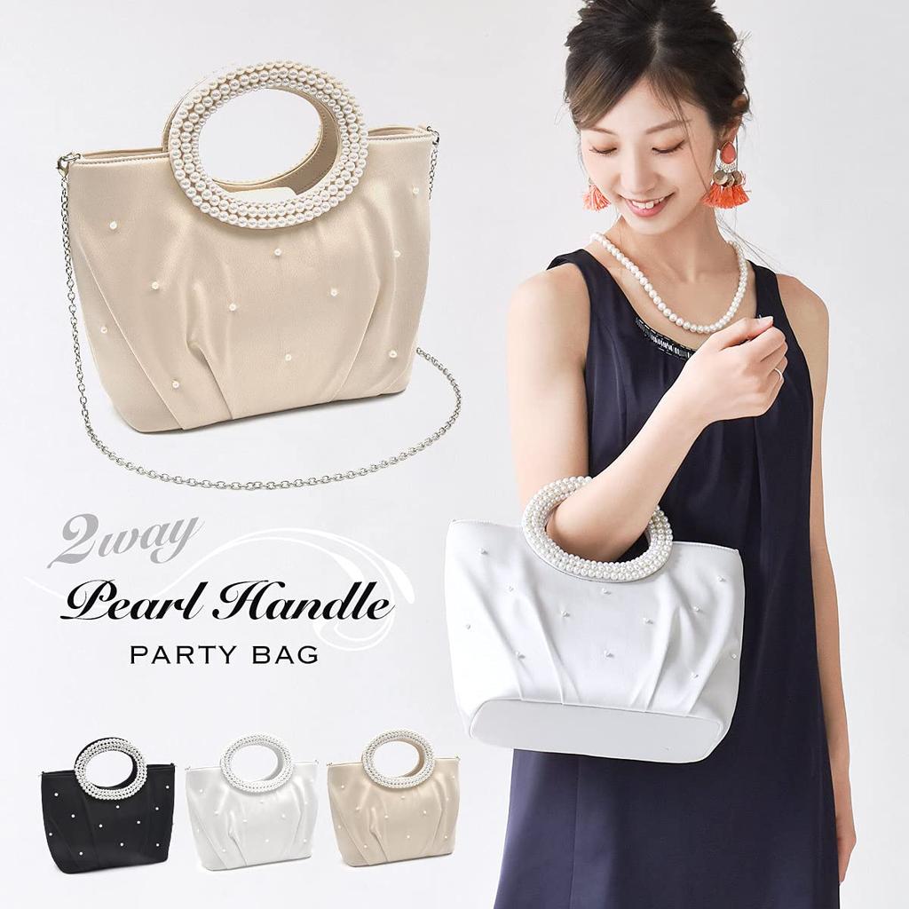 2way Pearl Handle Party Bag Wedding Large Beaded Tote Silver [PLEX] Women's